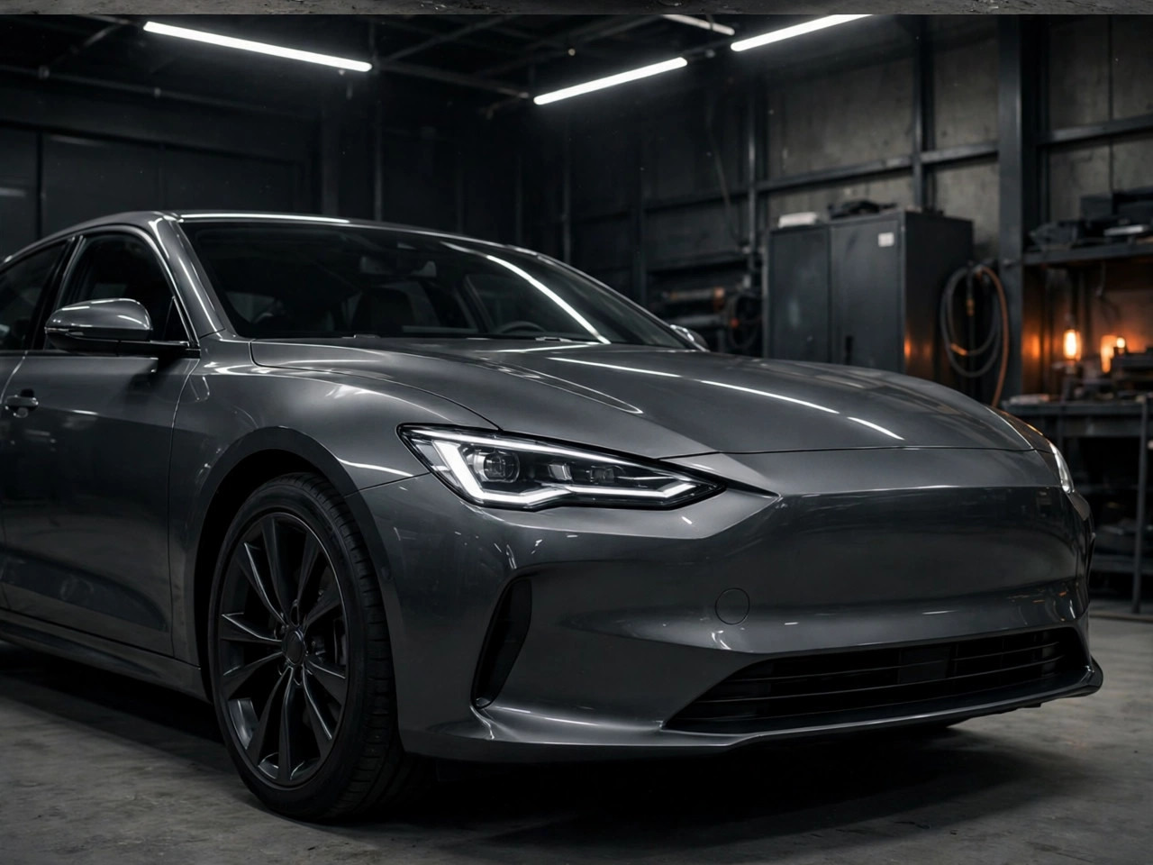 A dark grey sedan restored to a flawless finish in an auto body workshop