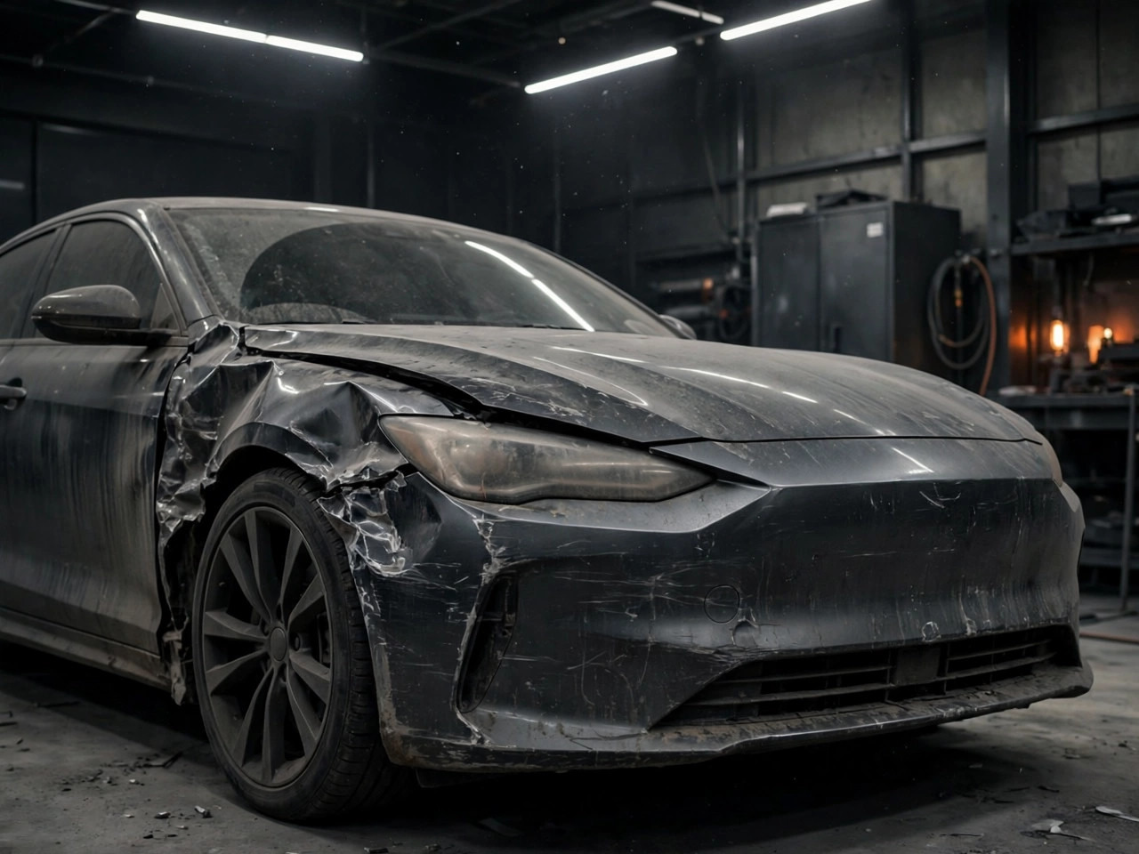 Damaged dark grey sedan before collision repair