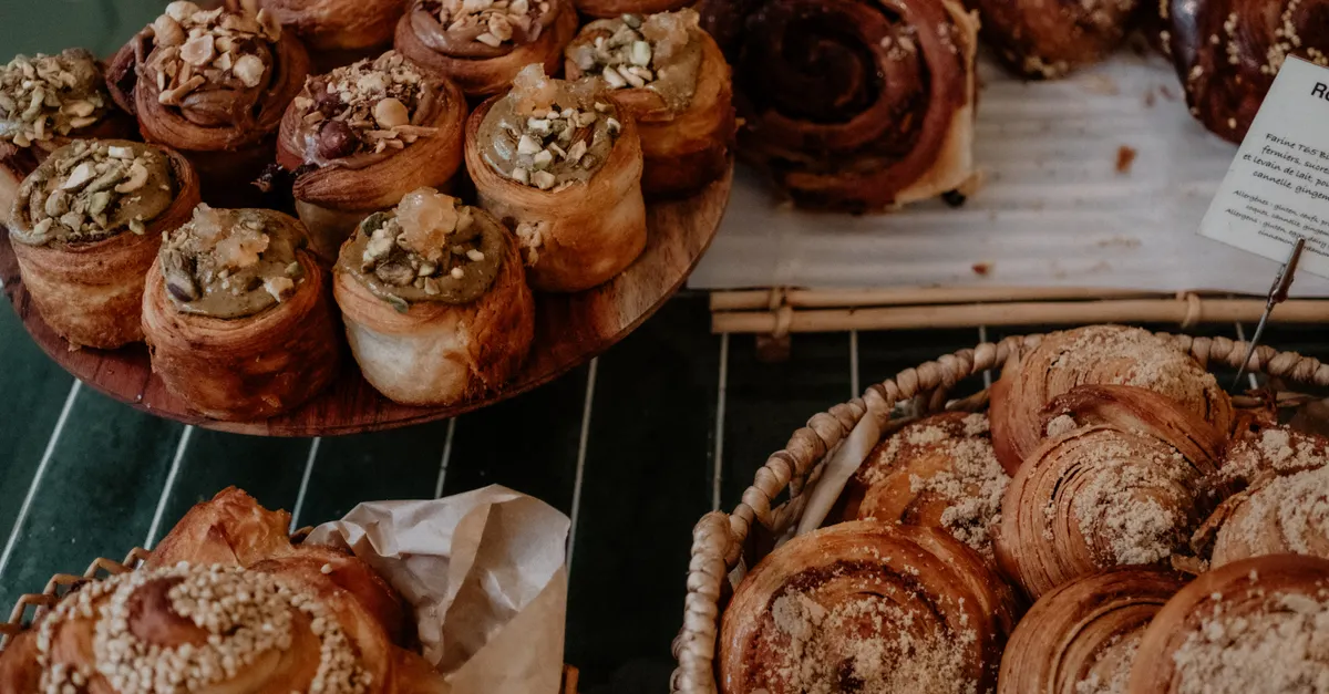 Colourful pastries arranged for the morning counter