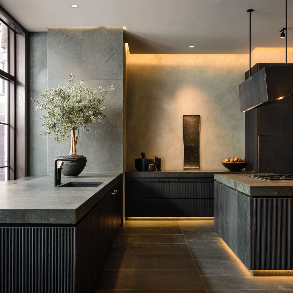 Dark minimalist kitchen in a sold city residence