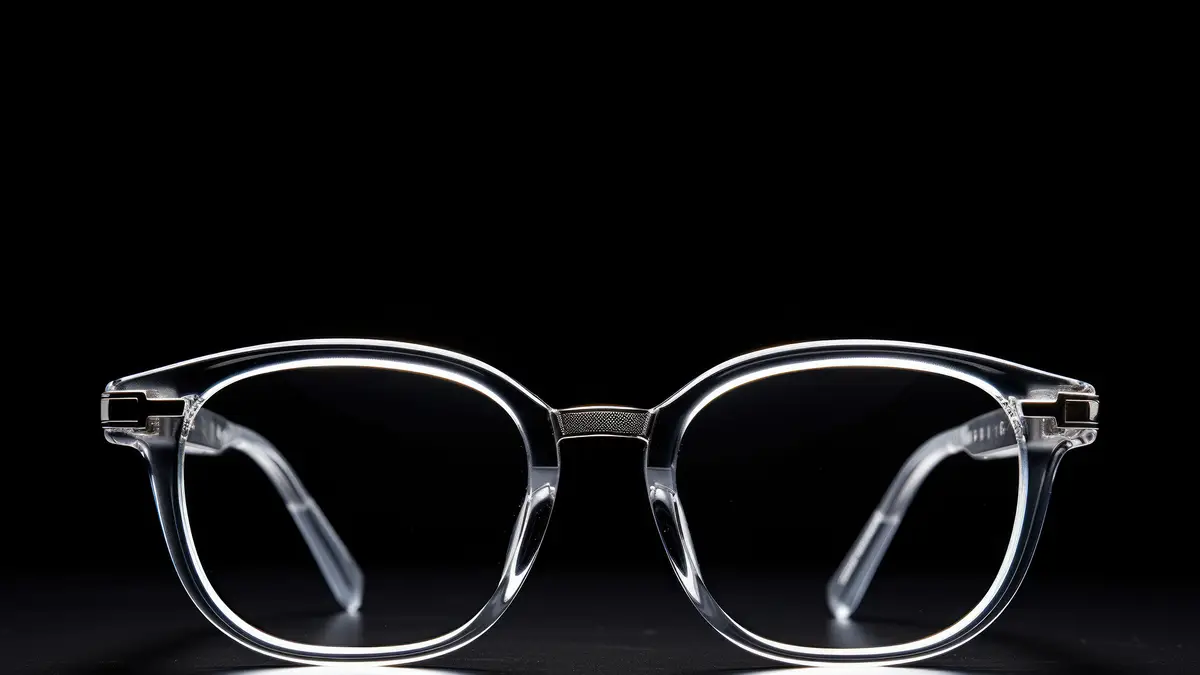 Clear acetate eyeglasses photographed against a black background
