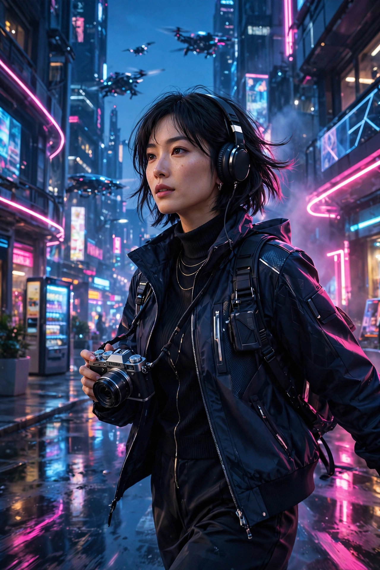 Illustrated creator walking through a neon-lit city with a compact camera