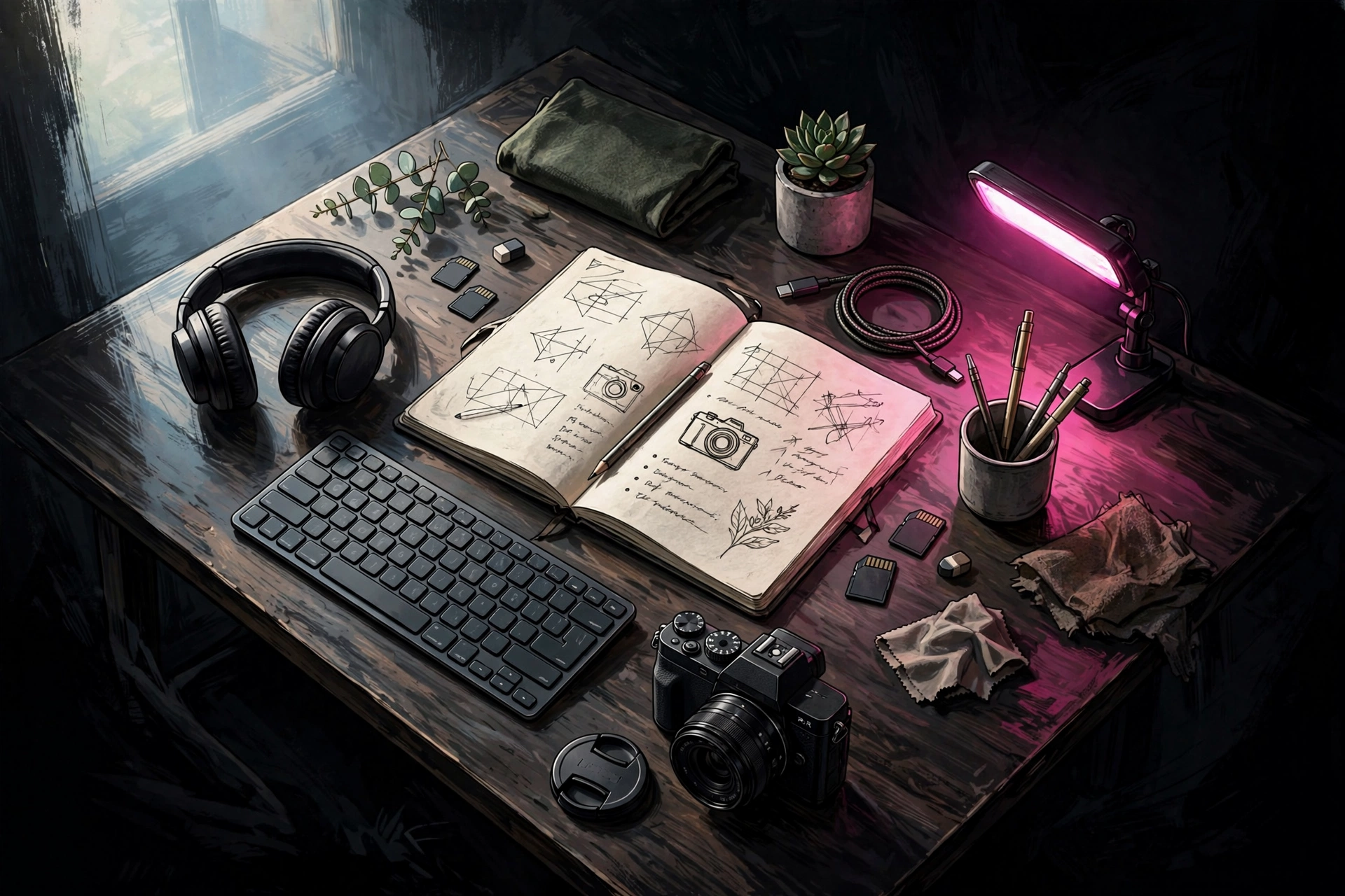 Illustrated creator desk with a camera, headphones and notebook