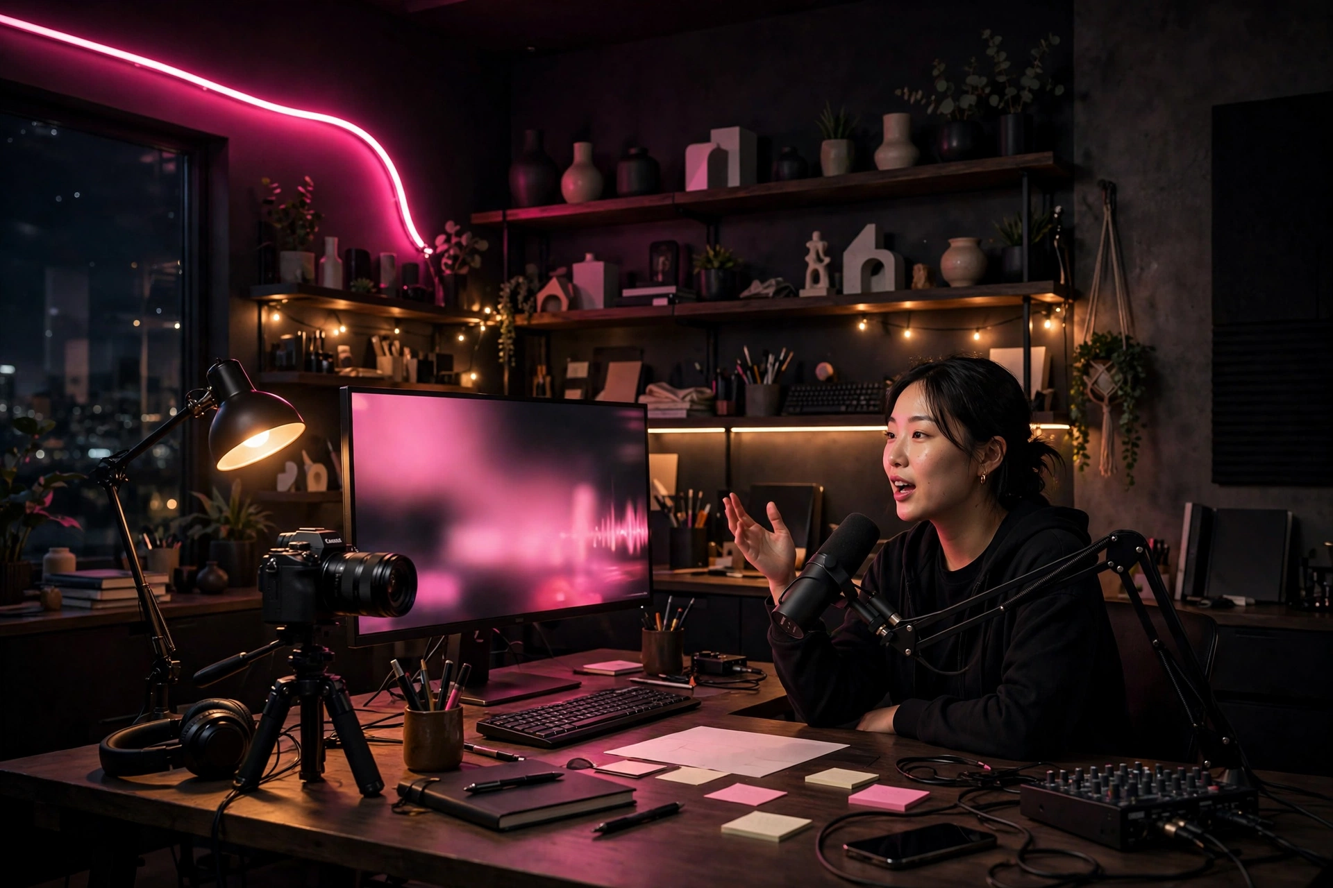 Illustrated night-time creator studio set up for a live conversation