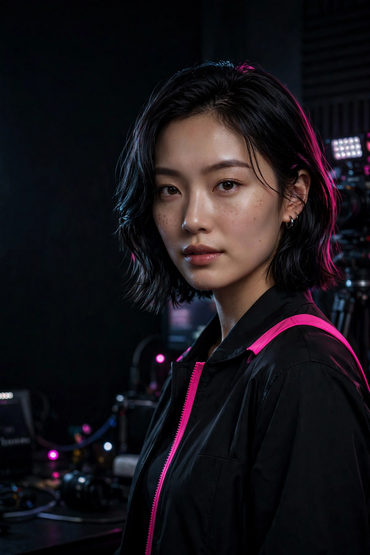 Cinematic illustrated portrait of fictional creator Maya Chen in her studio
