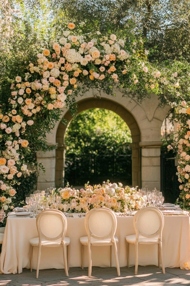 Garden wedding table surrounded by an arch of peach and ivory roses